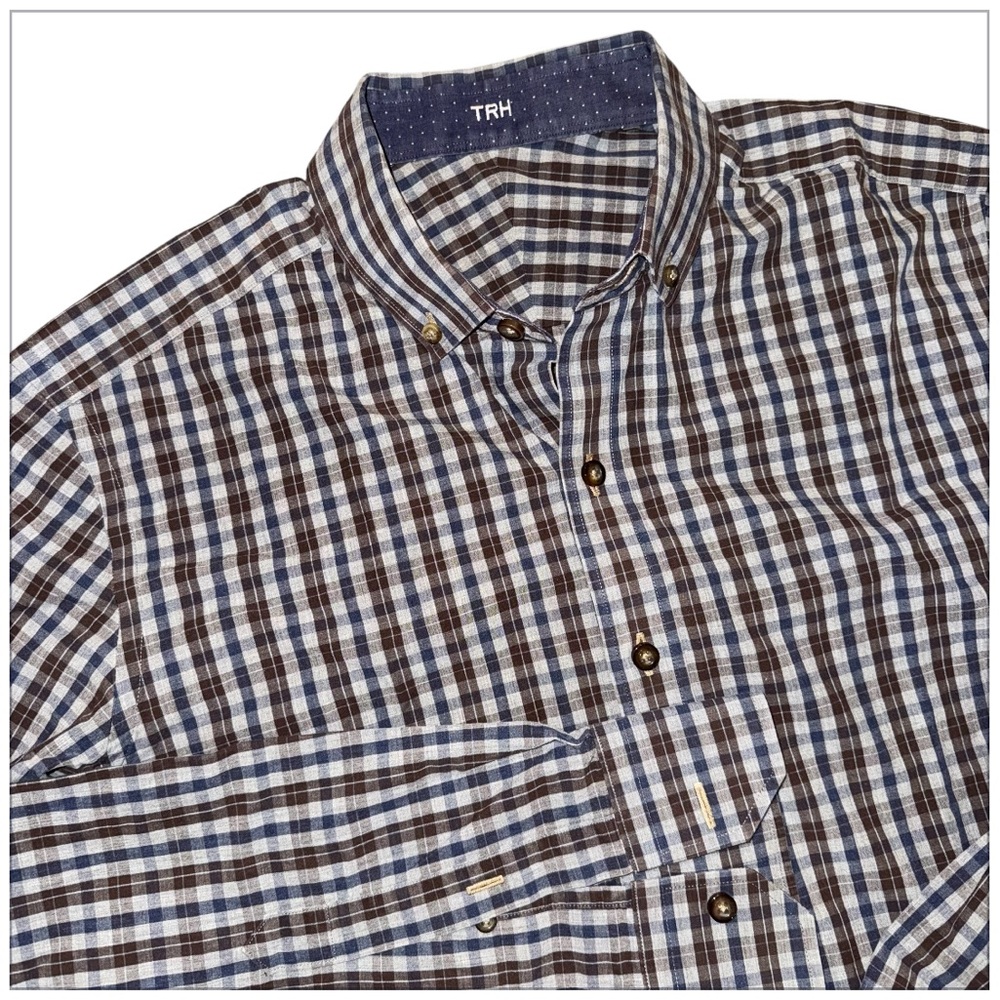 Hilburn Custom Made Men’s Plaid Button Down Shirt Blue Brown Cotton Monogram